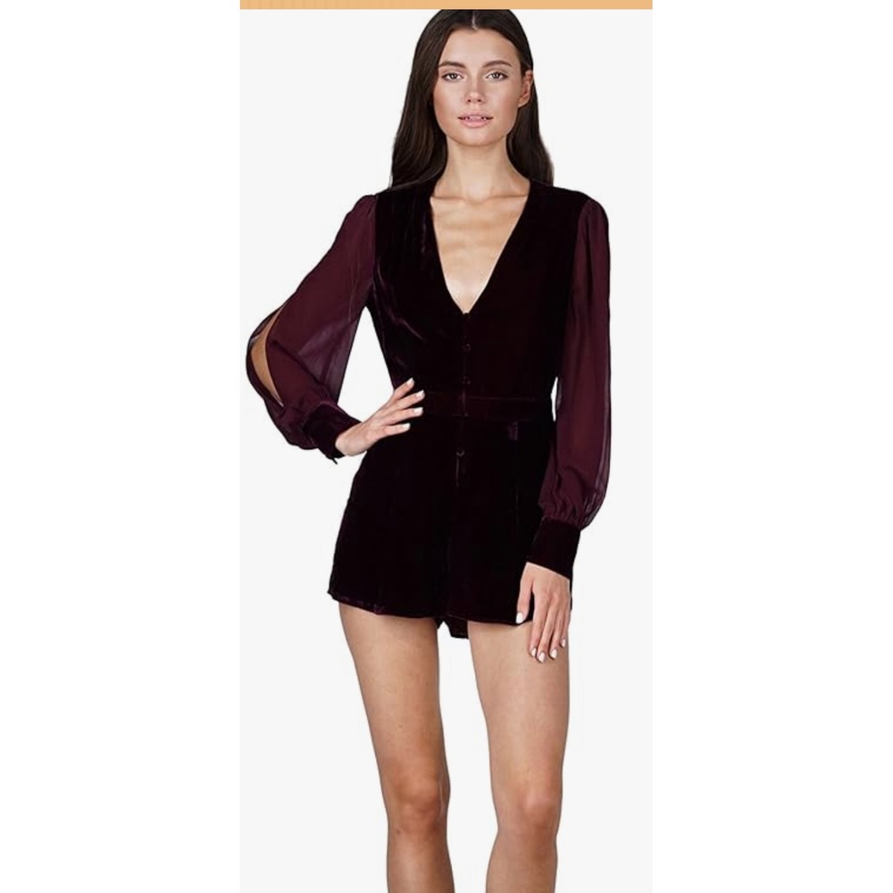 Adelyn Rae Velvet Sheer Sleeve‎ V Neck Button Front Romper Jumpsuit Plum S